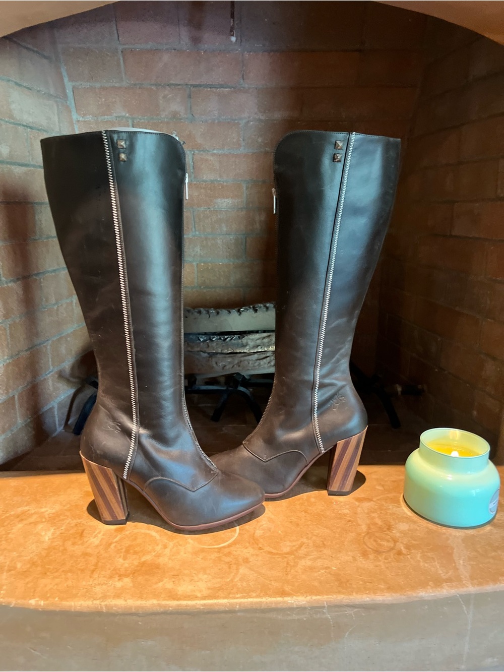 John Fluevog Dark Brown Leather Knee-High Boots with Stacked Wood Heel